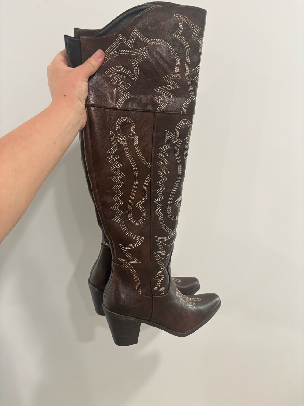 Embroidered Tall Brown Leather Cowboy Boots - Picture 3 of 9